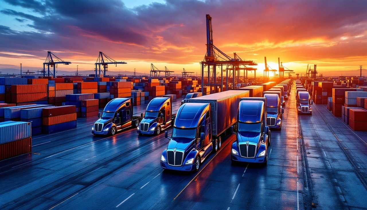 A fleet of blue semi-trucks lined up at a shipping port, surrounded by stacked containers and cranes at sunset.