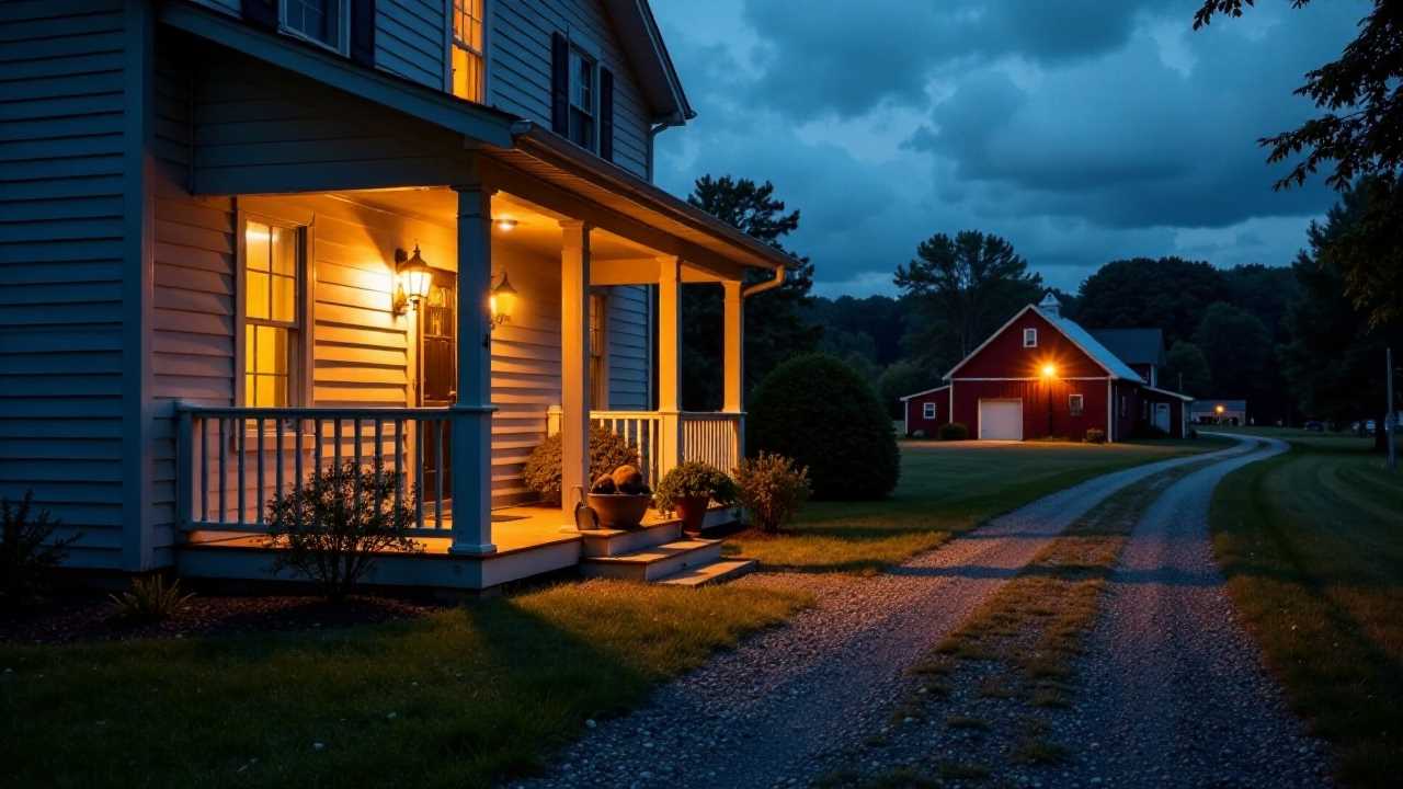 A cozy farmhouse with porch lights glows warmly at dusk, with a gravel path leading to a red barn under a cloudy sky.