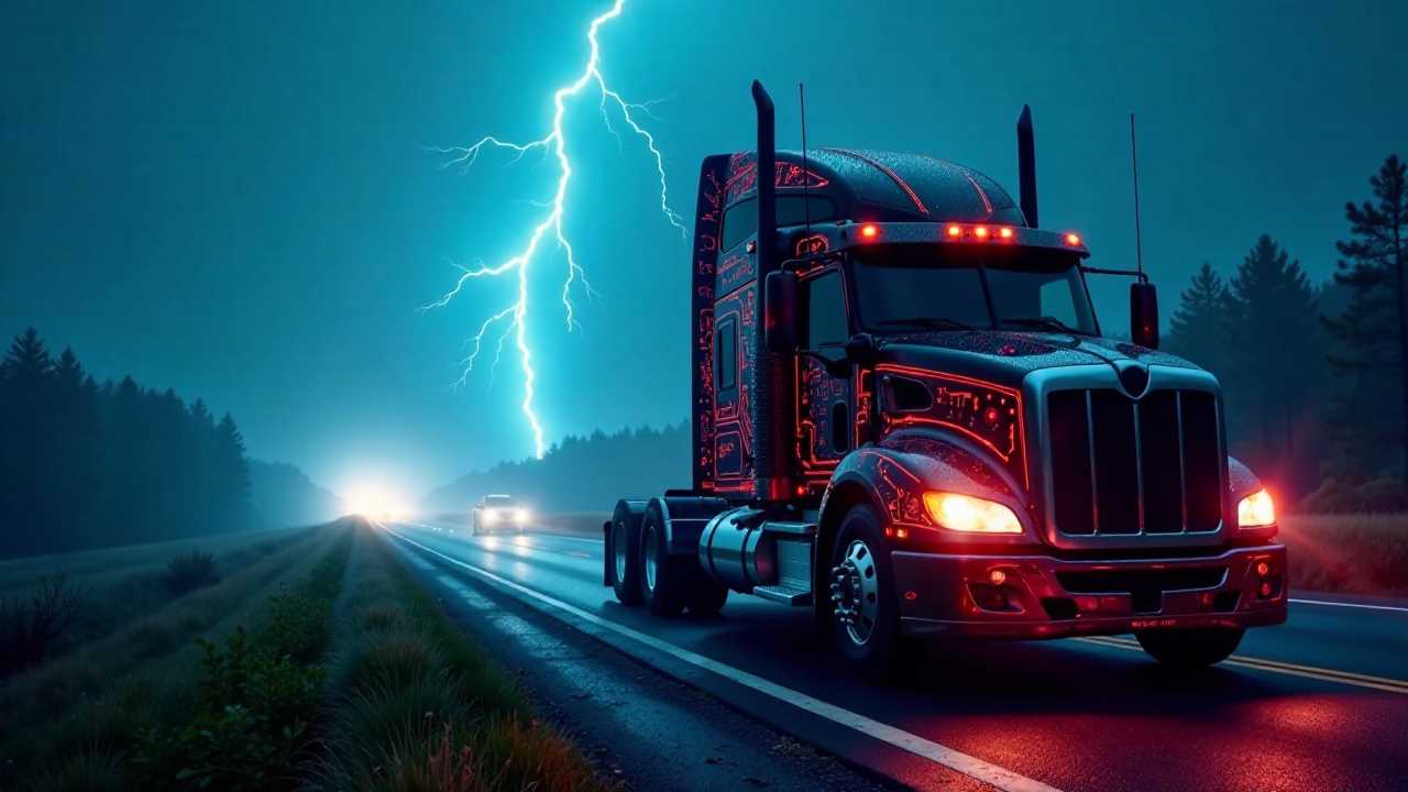 A truck with neon lights travels on a wet road at night during a thunderstorm, with lightning illuminating the sky.