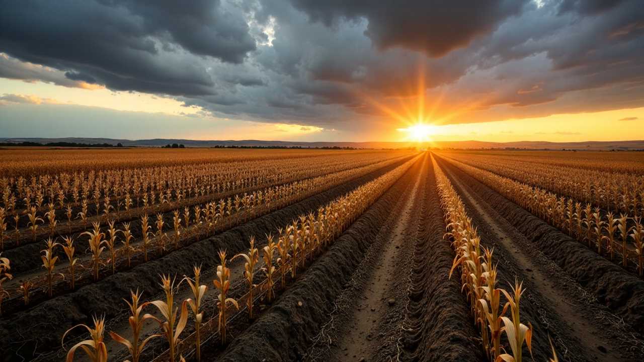 Sunset over a vast cornfield with rows of young corn plants under a dramatic sky filled with dark clouds.