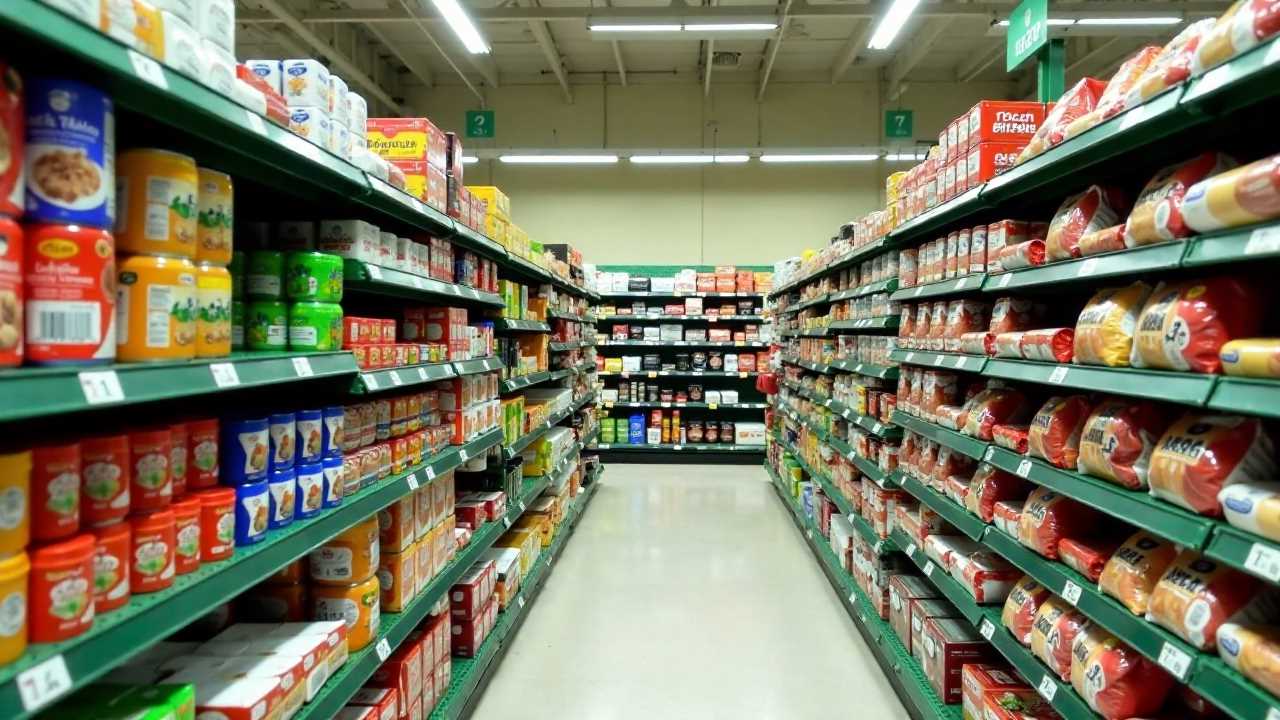 A supermarket aisle filled with packaged goods on shelves, including canned items and jars, under fluorescent lighting.