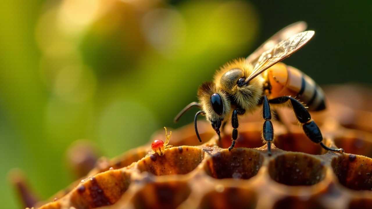 A bee on a honeycomb inspects a tiny red mite under sunlight, with a blurred green background.