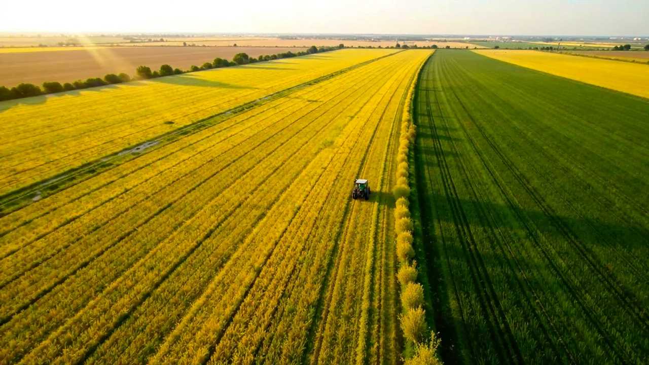 Saskatchewan Pulse Growers Tackle Weed Crisis - Aerial view of a tractor working on a vast field, with half the field green and the other half golden under a clear sky.